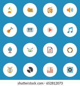 Audio Flat Icons Set. Collection Of Dj, Controlling, Acoustic And Other Elements. Also Includes Symbols Such As Pianoforte, Synthesizer, Microphone.