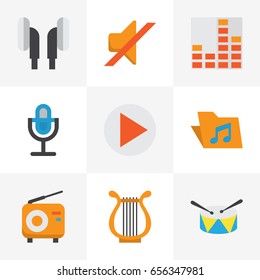Audio Flat Icons Set. Collection Of Broadcasting, Earpiece, Quiet And Other Elements. Also Includes Symbols Such As Mute, Broadcasting, Radio.