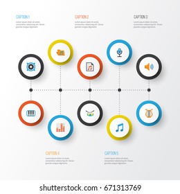 Audio Flat Icons Set. Collection Of Portfolio, Audio, Karaoke And Other Elements. Also Includes Symbols Such As Pianoforte, Musical, Megaphone.