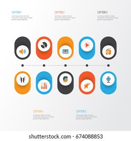 Audio Flat Icons Set. Collection Of Controlling, Karaoke, Quiet And Other Elements. Also Includes Symbols Such As Radio, Equalizer, Listen.