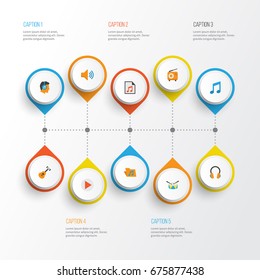 Audio Flat Icons Set. Collection Of Media, Acoustic, Button And Other Elements. Also Includes Symbols Such As Musical, List, Instrument.