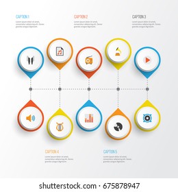 Audio Flat Icons Set. Collection Of Broadcasting, Media, Earpiece And Other Elements. Also Includes Symbols Such As Broadcasting, Controlling, Button.