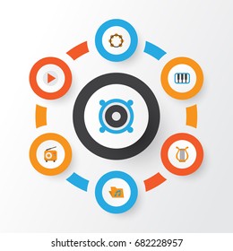 Audio Flat Icons Set. Collection Of Portfolio, Pianoforte, Broadcasting And Other Elements. Also Includes Symbols Such As Play, Tambourine, Archive.