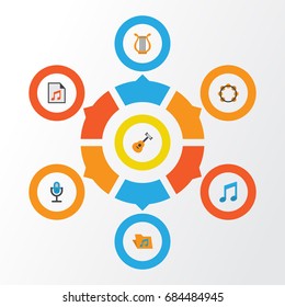 Audio Flat Icons Set. Collection Of Acoustic, Portfolio, Media And Other Elements. Also Includes Symbols Such As Microphone, Instrument, Rhythm.