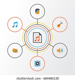 Audio Flat Icons Set. Collection Of Tone, Portfolio, Male And Other Elements. Also Includes Symbols Such As Bullhorn, Note, Tone.