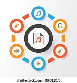 Audio Flat Icons Set. Collection Of Ear Muffs, Tone, Audio And Other Elements. Also Includes Symbols Such As Musical, Instrument, List.