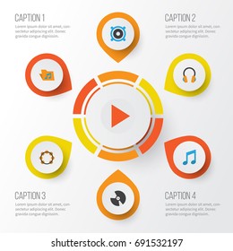 Audio Flat Icons Set. Collection Of Button, Loudspeaker, Tone And Other Elements. Also Includes Symbols Such As Musical, Tone, Music.