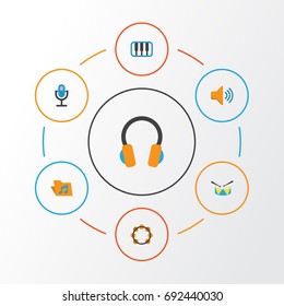 Audio Flat Icons Set. Collection Of Pianoforte, Karaoke, Band Elements. Also Includes Symbols Such As Rhythm, Drum, Tambourine.