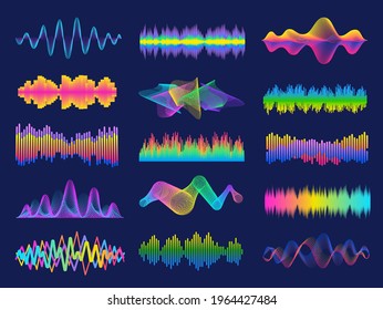 Audio frequency. Neon music sound waves for radio equalizer. Voice recognition for digital assistant. Volume graph line designs vector set. Analog and digital audio signal, bar motion