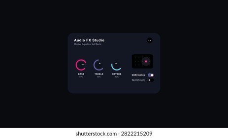 Audio FX Studio Equalizer Control Panel Dark Mode Modern UI UX Minimalist Neon Design Professional Sound Editing Mobile App Interface. Modern dark mode audio FX studio interface featuring neon circular sliders for bass treble and reverb plus dolby atmos and spatial audio controls in a sleek minimalist design.