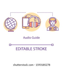Audio guide concept icon. Museum excursion information with headphones. MP3 audiobook. Digital tour on smartphone idea thin line illustration. Vector isolated outline drawing. Editable stroke