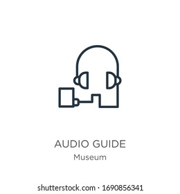 Audio guide icon. Thin linear audio guide outline icon isolated on white background from museum collection. Line vector sign, symbol for web and mobile