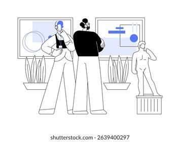Audio guide isolated cartoon vector illustrations. Couple visit museum and listen to audio guide, city trip, cultural experience, gallery exhibition, travel and lifestyle vector cartoon.