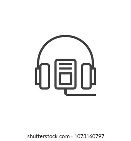 Audio Guide Outline Icon. Linear Style Sign For Mobile Concept And Web Design. Headphones And Mp3 Player Simple Line Vector Icon. Symbol, Logo Illustration. Pixel Perfect Vector Graphics