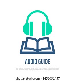 Audio guide thin line icon. Opened book and headphones. Vector illustration for tourist tour or museum.
