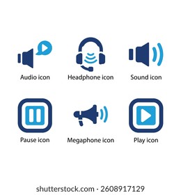 Audio, Headphone, Sound, Pause, Megaphone, Play, Blue Icon Set