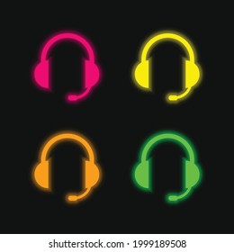 Audio Headset Of Auriculars With Microphone Included four color glowing neon vector icon