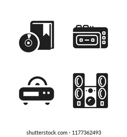 audio icon. 4 audio vector icons set. book with cd rom, radio and sound system icons for web and design about audio theme