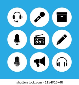 audio icon. 9 audio set with archive black box, megaphone, karaoke microphone icon and headphones vector icons for web and mobile app
