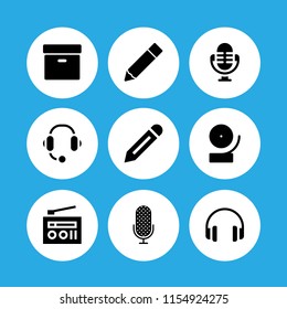 audio icon. 9 audio set with archive black box, microphone, headphones and radio vector icons for web and mobile app
