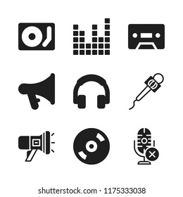 audio icon. 9 audio vector icons set. megaphone, disc jockey and sound bars icons for web and design about audio theme