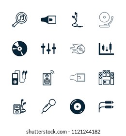 Audio icon. collection of 16 audio filled and outline icons such as disc on fire, equalizer, cd, earphones, panel control, microphone. editable audio icons for web and mobile.