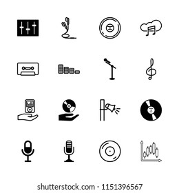 Audio icon. collection of 16 audio filled and outline icons such as microphone, sliders, equalizer, disc on fire, treble clef, cd. editable audio icons for web and mobile.