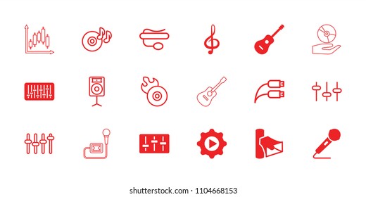 Audio icon. collection of 18 audio filled and outline icons such as volume, treble clef, microphone, guitar, play in gear. editable audio icons for web and mobile.