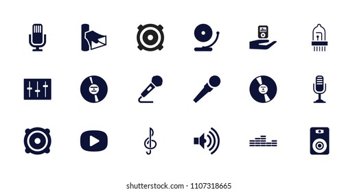 Audio icon. collection of 18 audio filled icons such as volume, speaker, cd, sliders, play, equalizer, gramophone, microphone. editable audio icons for web and mobile.