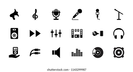 Audio icon. collection of 18 audio filled icons such as treble clef, microphone, headphones, volume, equalizer, megaphone. editable audio icons for web and mobile.