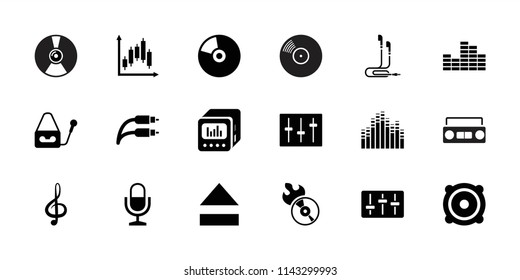 Audio icon. collection of 18 audio filled icons such as disc flame, microphone, treble clef, speaker, sliders. editable audio icons for web and mobile.