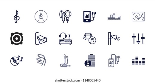 Audio icon. collection of 18 audio filled and outline icons such as disc on fire, mp3 player, equalizer, volume, megaphone, car music. editable audio icons for web and mobile.