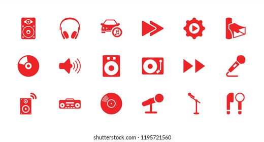 Audio icon. collection of 18 audio filled icons such as speaker, volume, microphone, disc on fire, fast forward, car music, earphones. editable audio icons for web and mobile.