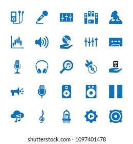 Audio icon. collection of 25 audio filled icons such as speaker, dj, disc flame, loud speaker set, serach music, play in gear. editable audio icons for web and mobile.