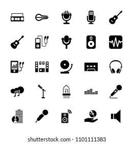 Audio icon. collection of 25 audio filled icons such as microphone, mp3 player, megaphone, musical instrument, guitar, music cloud. editable audio icons for web and mobile.
