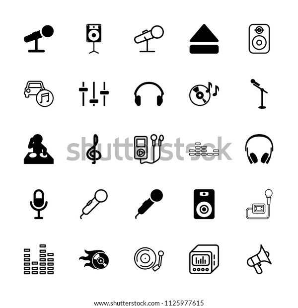 Audio icon. collection of\
25 audio filled and outline icons such as treble clef, microphone,\
dj, disc on fire, eject button. editable audio icons for web and\
mobile.