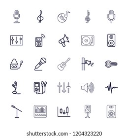 Audio icon. collection of 25 audio outline icons such as microphone, panel control, mp3 player, volume, treble clef. editable audio icons for web and mobile.