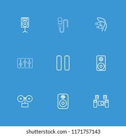 Audio icon. collection of 9 audio outline icons such as gramophone, pause, loudspeaker, speaker, microphone, sliders. editable audio icons for web and mobile.