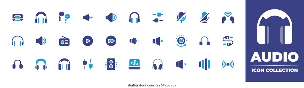 Audio icon collection. Duotone color. Vector illustration. Containing cassette, headphone, earphone, volume, speaker, equalizer, mute, silent, headphones, radio, play, forward, decrease, slider.