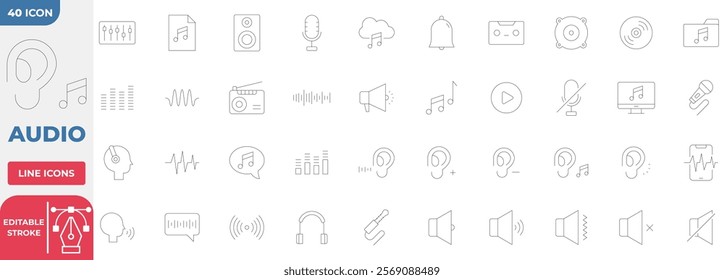 Audio Icon Collection Set. Editable Stroke Line. Vector illustration.