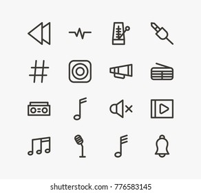 Audio icon line set with loudspeaker, bell and tape. Set of jingle related audio icon line vector items for web mobile logo design.
