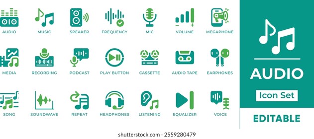 Audio Icon See. Features editable icons for audio symbols, music, sound, recording, playback, and more. Perfect for music apps, audio streaming platforms, and multimedia projects.