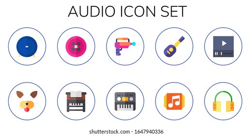 audio icon set. 10 flat audio icons. Included speaker, filter, button, piano, blaster, guitar, music player, video player, headphones icons