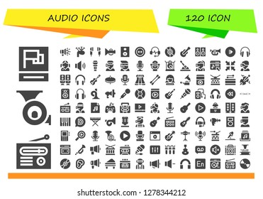  audio icon set. 120 filled audio icons. Simple modern icons about  - Propaganda, Radio, French horn, Megaphone, Bagpipes, Earphones, Trumpet, Speaker, Button, Headphones, Vinyl