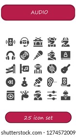  audio icon set. 25 filled audio icons. Simple modern icons about  - Speaker, Headphones, Drum, Call center, Vinyl, Microphone, Video, Slider, Music store, Player, Guitar, Rewind