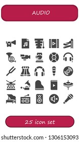 audio icon set. 25 filled audio icons.  Simple modern icons about  - Trumpet, Audio file, Xylophone, Video, Slider, French horn, Call center, DJ, Headphones, Diapason, Sliders