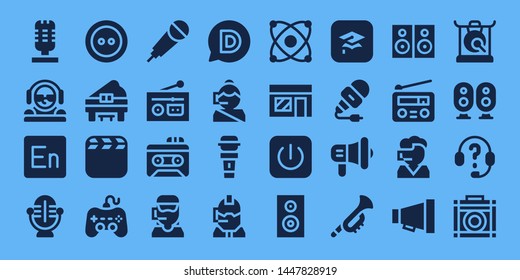 audio icon set. 32 filled audio icons. on blue background style Collection Of - Microphone, DJ, Encore, Button, Piano, Video, Play, Karaoke, Radio, Recorder, Call center, Disqus
