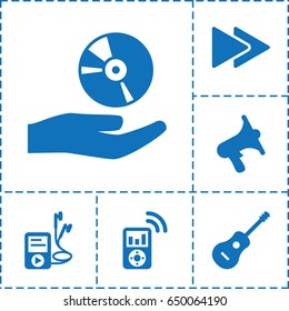 Audio icon. set of 6 audio filled icons such as volume, fast forward, guitar, mp3 player