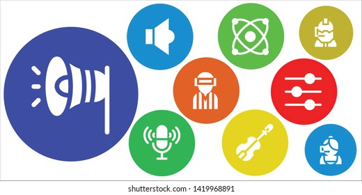 audio icon set. 9 filled audio icons.  Simple modern icons about  - Megaphone, Speaker, Electron, Microphone, Violin, Player, Control, Call center