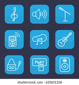 Audio icon. set of 9 outline audio icons such as finger pressing play button, volume, microphone, treble clef, guitar, music cloud, speaker